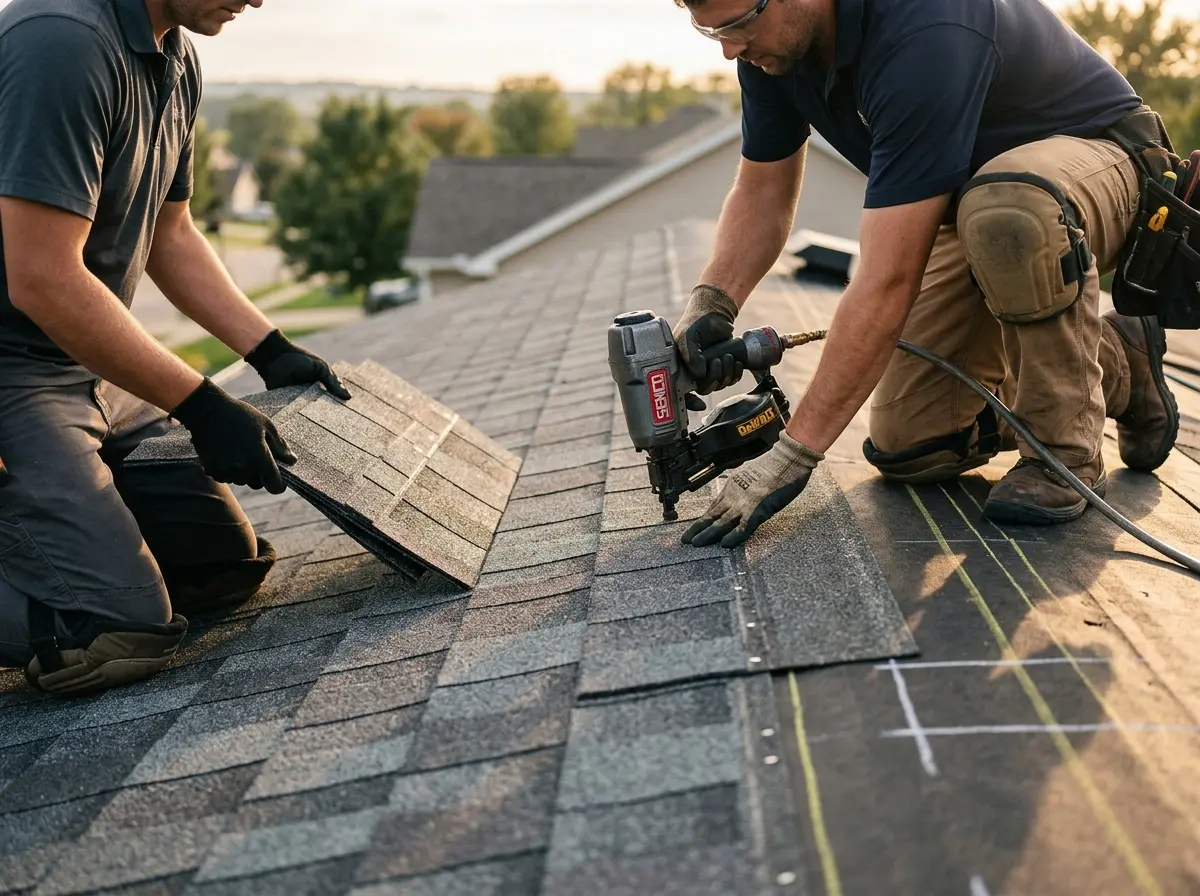 Professional roofer working on a residential roof in North Haledon